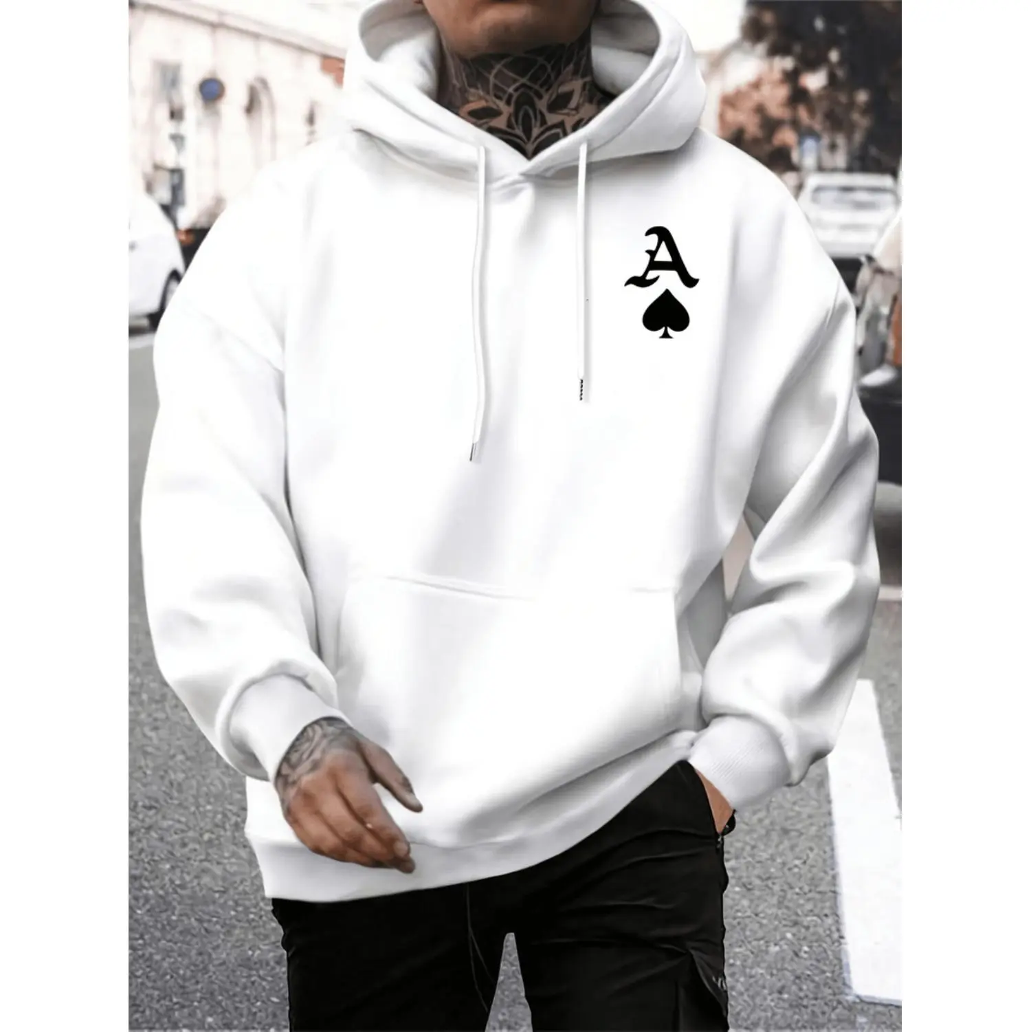 Men's Graphic Hoodie Sweatshirt in Soft French Terry, Casual Loose Fit Pullover with Skull & Cards Back Print, Moisture-Wicking, Printed, Longsleeves, Novelty Print