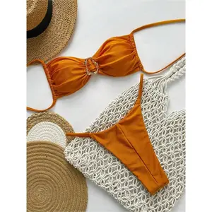 New Trendy Solid Orange Color Bright Metal Buckle One-Piece Bikini Two-Piece Set with Straps Beach Vacation Swimsuit Women's Gift Sexy Triangle Bikini Set Bikini with Back Tie