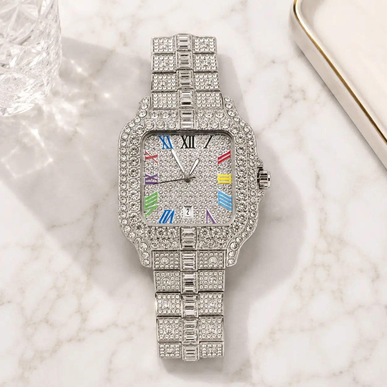 Men's Luxury 2-Tone Metal Automatic Chronograph Watch - 42mm Diamond Studded Dial, 30M Water Resistant, Gold Case, Everyday Wear, Sparkle in Light, Automatic Watches