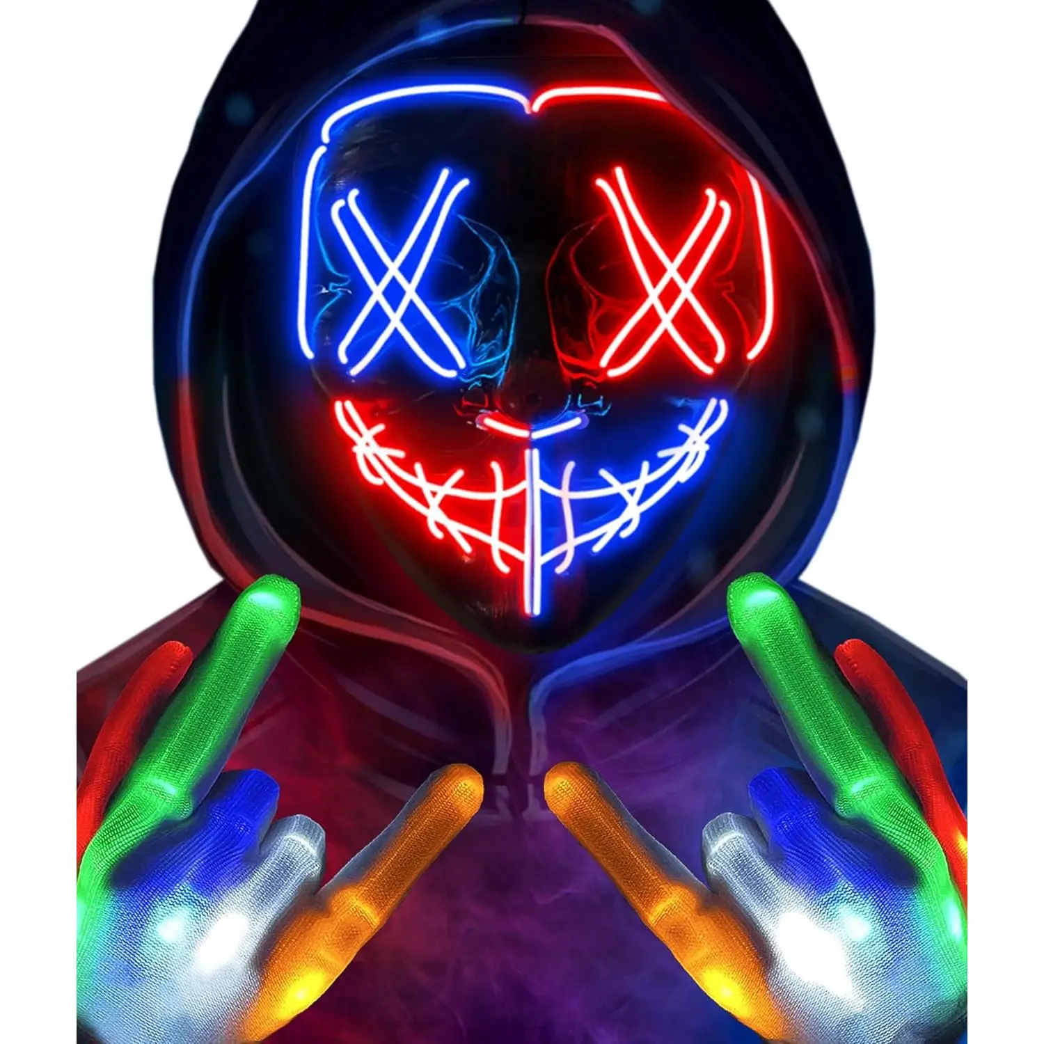 Scary Skeleton Halloween Costume for Kids & Adults, Standard Size Polyester Set with Light Up LED Mask and Glowing Gloves for Parties, Polyester Fits, Led Lights, Accessories, Gift For Friends, Extra Button Batteries, All Seasons, 3-Modes Light-Up Mask