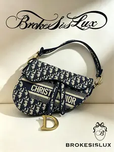 Pre-owned Dior Christian Saddle Bag Blue Oblique Jacquard Canvas with Gold 'D' Charm Shoulder Crossbody Designer Handbag