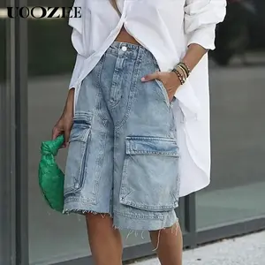Women's spring and summer new high waisted pocket work pants, borderless denim shorts, loose wide leg button up tassel pants, denim bottoms(Sheet)