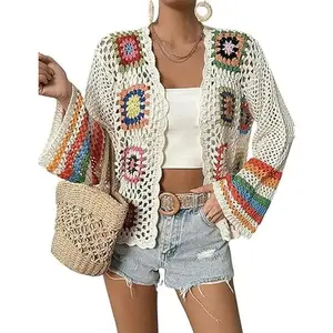 Floral Crochet Cardigans for Women Trendy Spring Summer Hollow Out Open Front Boho Cardigan Sweater Tops Shrug sale lace lover granny square Vintage Tribal Knit Cardigan with Belt Casual Long Sleeve