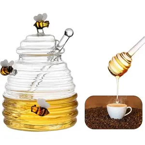 1PC Honey Pot,Honey Jar,Glass Honey Jar, Honey Pot With Dipper, Honey Pot With Dipper, Honey Jar with Cute Bee Design Large, Capacity Honey Container with Scoop and Lid Ideal for Sealed Storage of Honey, Jam, Jelly, and Syrup Perfect for Your Home Kitchen