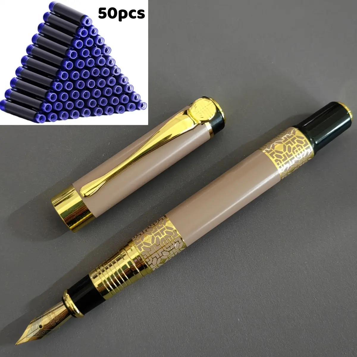 1 pc brown steel pen + 50 pcs blue ink cartridges