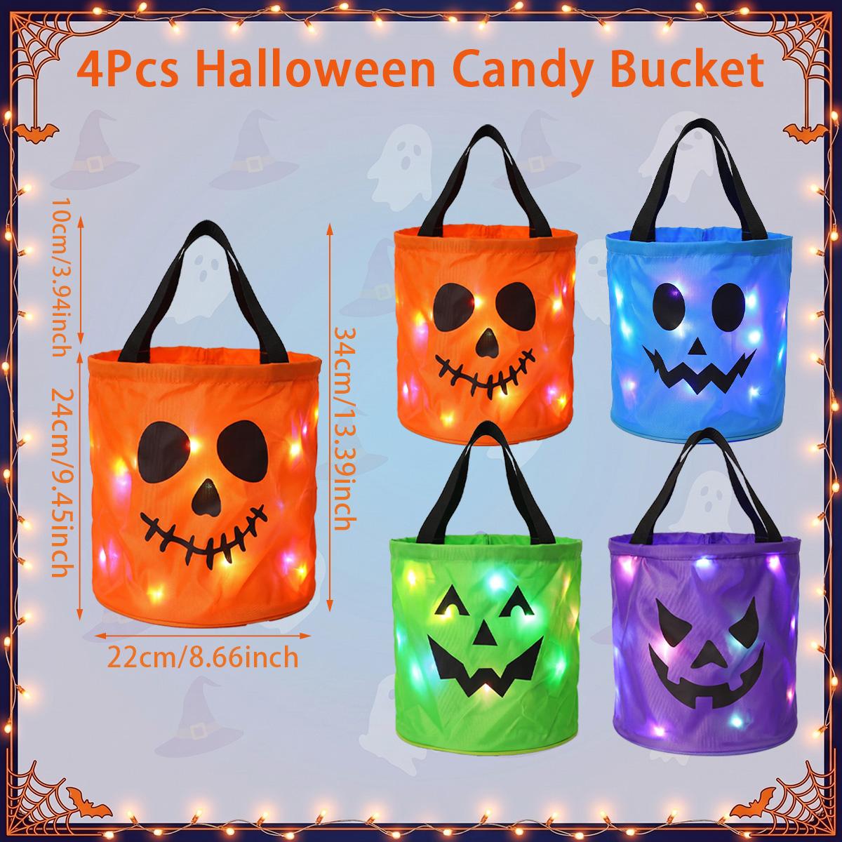 3/4 Pcs Halloween Candy Bucket with LED Lights Non Woven Gift Bags Trick or Treat Bags Pumpkin Candy Bags Reusable Tote Bags for  Kids Students Adults, Night Light Bags for Home Garden Lawn Decorations, Halloween Birthday Christmas Party Favor Supplies