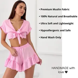 Pajamas & Loungewear Nightwear Womenswear 2-Piece Muslin Lounge Set – Tie-Front Long Sleeve Top & Ruffled Shorts, Handmade & Natural Homewear Pyjamas Comfort Pjs Cotton Fabric Fit Adjustable Comfortable Cute Crop Feminine