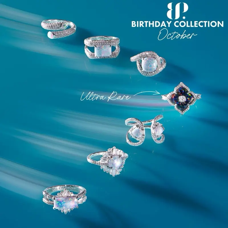 BOMB PARTY Women's Fashionable October Birthstone Rings - Alternative Style Blind Bag Jewelry with Unvealed Fizzable Cube, Fiery Opal Stone Collection, Beautiful Rings in Gold, Rhodium, Rose Gold
