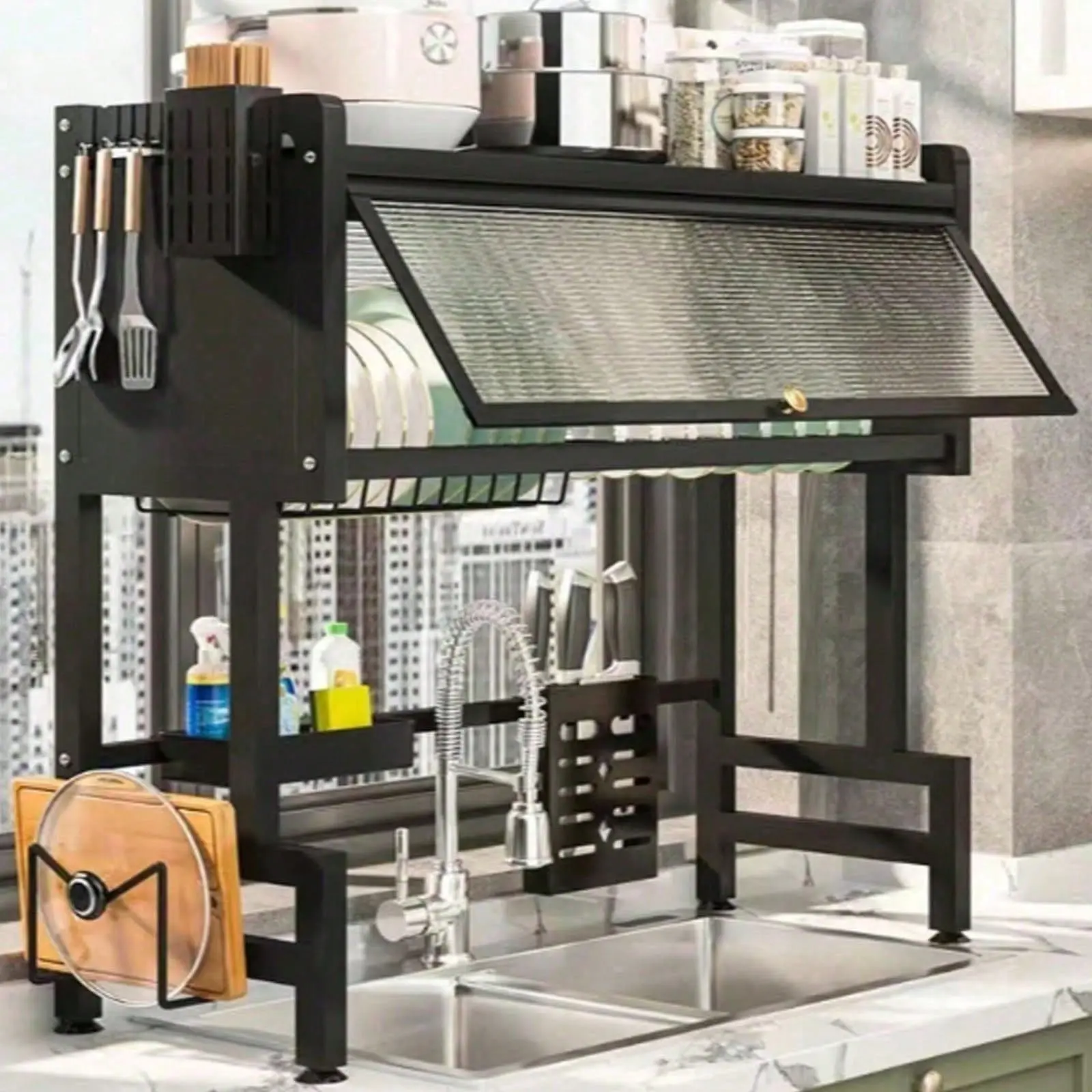 Double Tier Countertop Dish Draining Rack, Kitchen Sink Storage Shelf Organizer