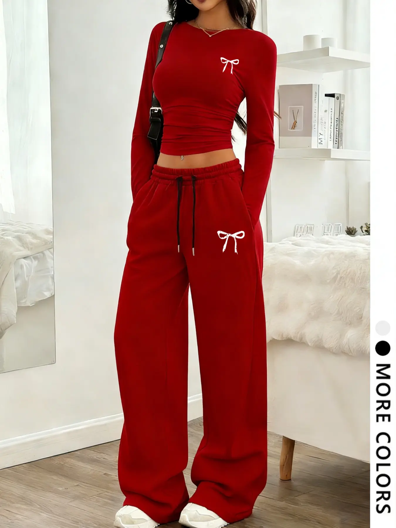 Women's 2-Pack Bow Print Loungewear Pajama Set, Soft Stretchy Fabric, Ruched Long Sleeve Crop Top & Drawstring High Waist Wide Leg Pants, Casual Daily Streetwear, Black White Grey Available