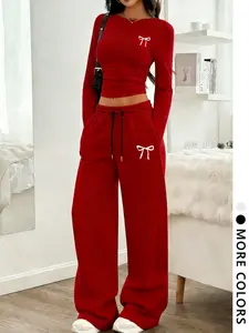 Women's 2-Pack Bow Print Loungewear Set, Soft Stretchy Fabric, Ruched Long Sleeve Crop Top & Drawstring High Waist Wide Leg Pants, Casual Daily Streetwear, Black White Grey Available