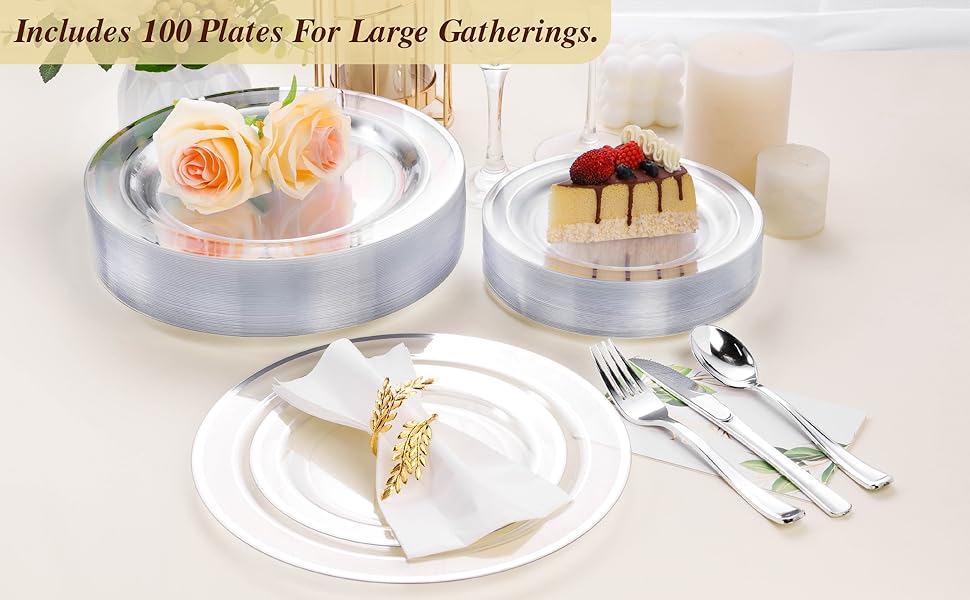100PCS Clear Plastic Plates for Party, Disposable Plates with Gold Rim, Heavy Duty Dinner Plates for Wedding and Birthday 100PCS Clear Plastic Plates for Party, Disposable Plates with Gold Rim, Heavy Duty Dinner Plates for Wedding and Birthday
