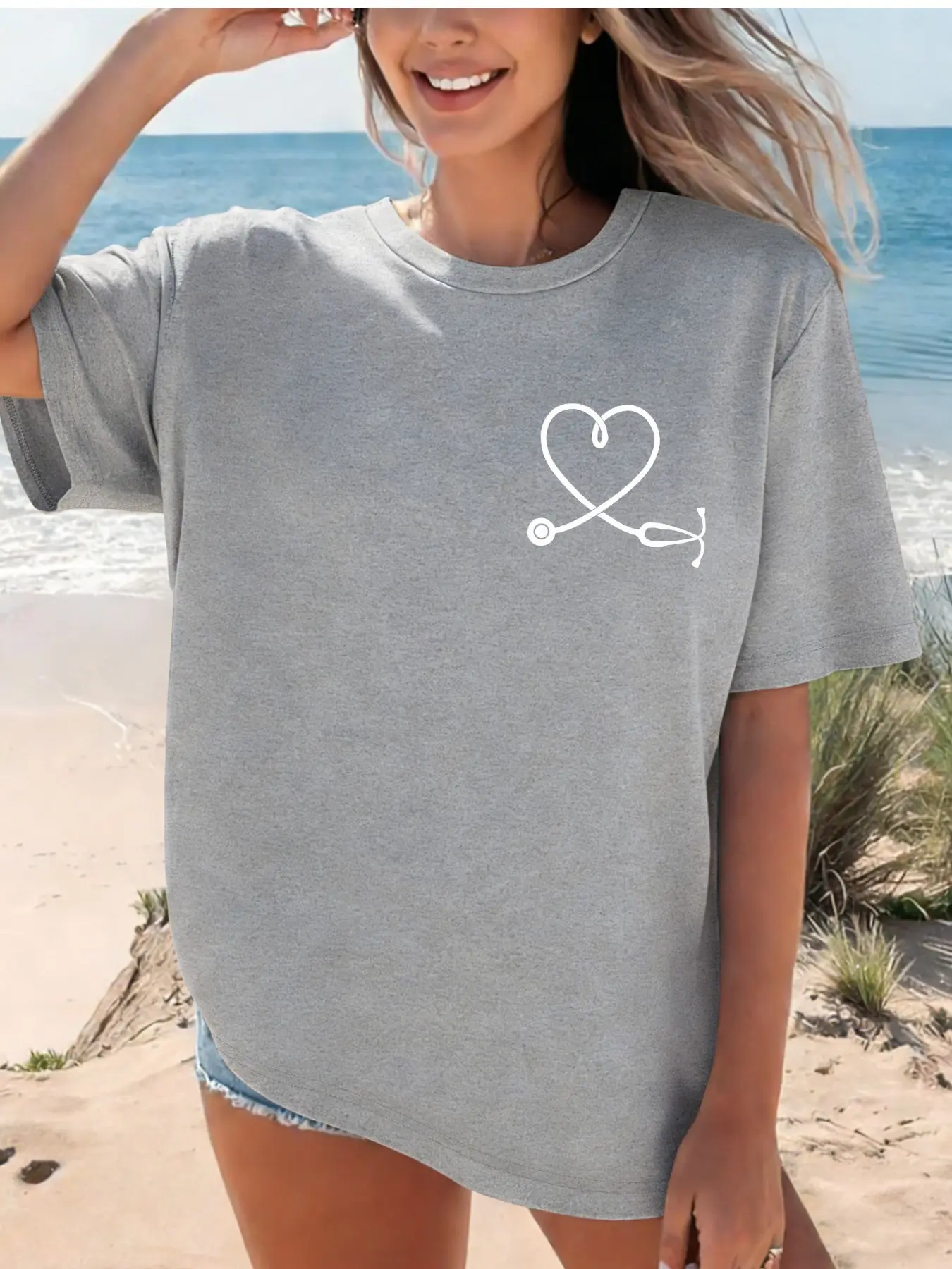 Women's Crew Neck Short Sleeve T Shirt with Left Chest Heart Stethoscope Medical Style Graphic Print Loose Fit Soft Breathable Cotton Blend Machine Washable No Shrink Fade Resistant Versatile for Commute Daily Wear Summer Womenswear, Fitted