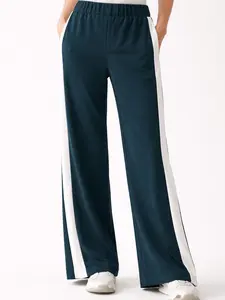 Women's Wide Leg Side Stripe Pants – Teal Elastic Waist Lounge Pants