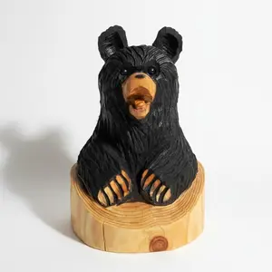 Hand Carved Black Log Bear Figurine, Home Decor Statue for Home Supplies