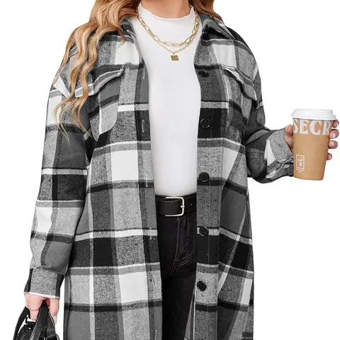 【Plus Size】Womens Flannel Plaid Shirts Long Sleeve Lounge Lapel Boyfriend Button Down Tartan Long Jacket Coats Womenswear Fabric Fashion Check Fit Lightweight Loose