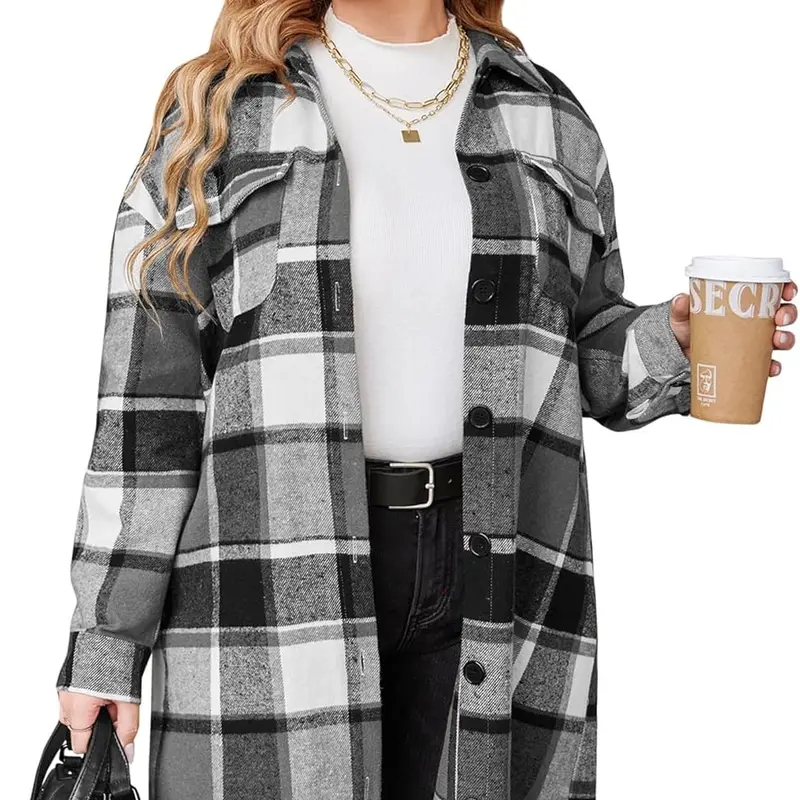 【Plus Size】Womens Flannel Plaid Shirts Long Sleeve Lounge Lapel Boyfriend Button Down Tartan Long Jacket Coats Womenswear Fabric Fashion Check Fit Lightweight Loose