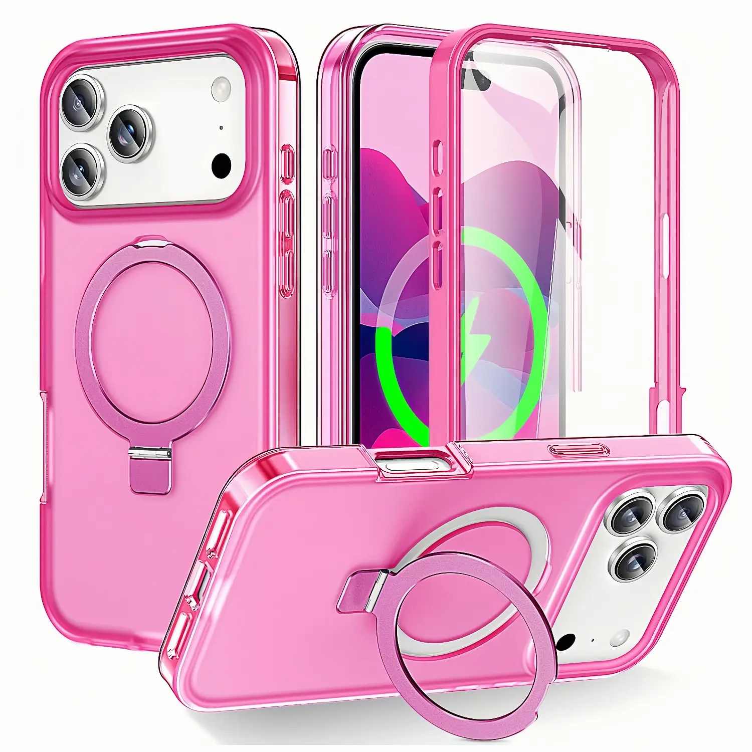 Magnetic Stand Case for iPhone 18 Pro Max 17 16 15 14 13, Built-in Plastic Screen Protector, Invisible Ring Kickstand, Matte Full Body Shockproof Cover, MagSafe Compatible