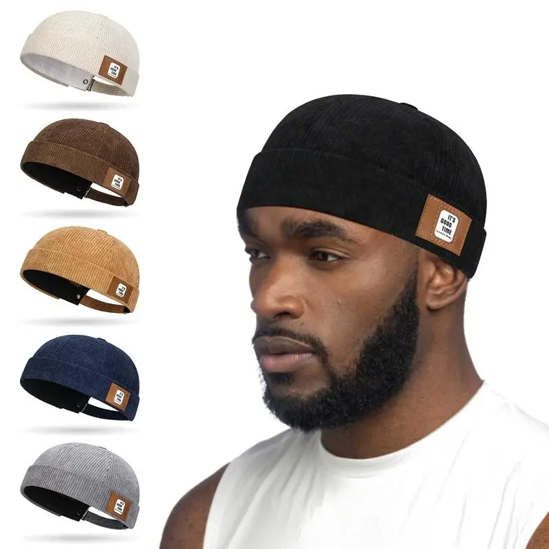 NewUnisexCorduroySolidColorBrimlessCapsforMenWomenStreetwearHipHopHatsRetroBeanieDockerCapsAdjustableDomeHats