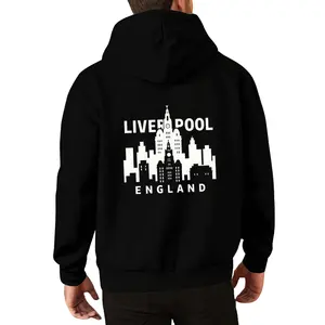 1pc Line - Liverpool England Skyline Hoodie with LIVERPOOL & ENGLAND Print Autumn Winter Black Hooded Sweatshirt Soft Cotton Menswear Long Sleeve Kangaroo Pocket