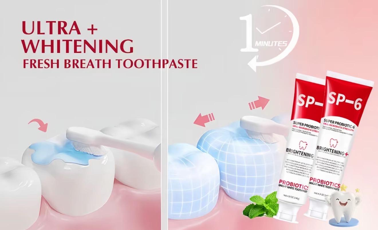 SP-6 Probiotic Whitening Toothpaste, SP-6 Probiotic Toothpaste, a fortified formula containing 6 types of probiotics, used for teeth whitening/brightening, with a fresh mint flavor