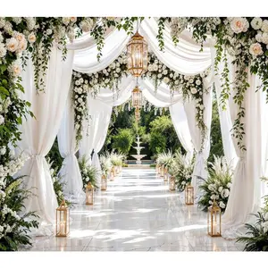 White floral wedding backdrop, garden party decor for venues, photography mural tapestry , floral archway decoration for events & marquees.