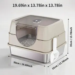 Premium Stainless Steel Litter Box Enclosure (19.69in x 13.78in x 13.78in) - Modular, Antibacterial, Non-Stick, Flip-Top Lid, Odor Control, Minimalist Beige Outdoor Unit with Hygienic Build
