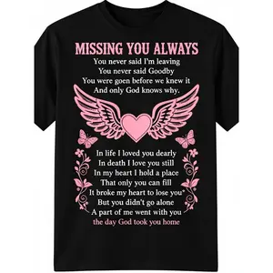 Men's Plus Size Emotional Black T-Shirt with Glittery Angel Wings & "Missing You Always" Message - Comfortable Round Neck Suitable for Memorial Gifts, Remembrance Apparel, Casual Wear for,, Parties, Year-Round Wear for