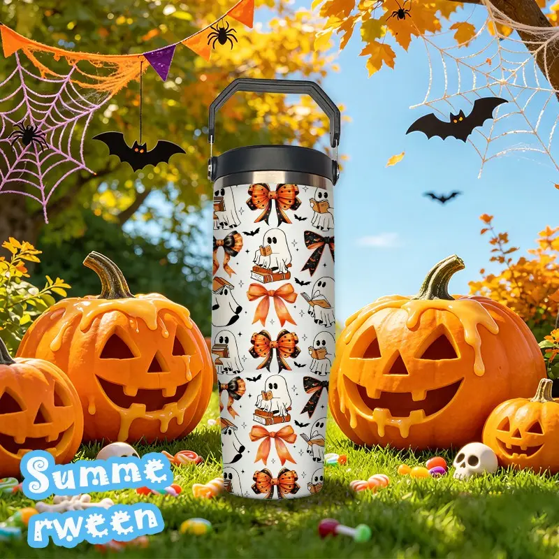 Halloween 30oz Leakproof Insulated Tumbler with Straw, Ghost Reading Design, Stainless Steel Coffee Mug, Flasks, Perfect Gift for Men and Women