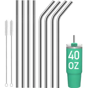 Stainless Steel Straw & Cleaning Brush Set, 5/10pcs/set  Reusable Extra Long Metal Straw & Brush Set, Bar Utensils for Home Kitchen Party