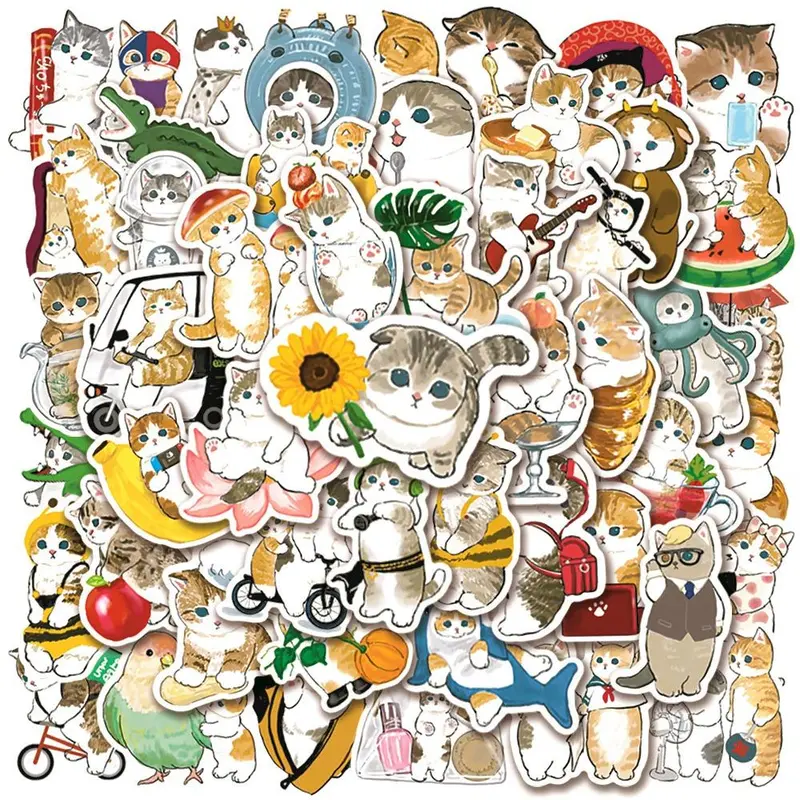 DIY Cute Cartoon Cat Series Pattern Decorative Sticker, 50pcs Sticker Packs Waterproof Graffiti Decals, Multipurpose DIY Self Adhesive Decorative Stickers, Funny Stickers, Diy Crafts Stickers