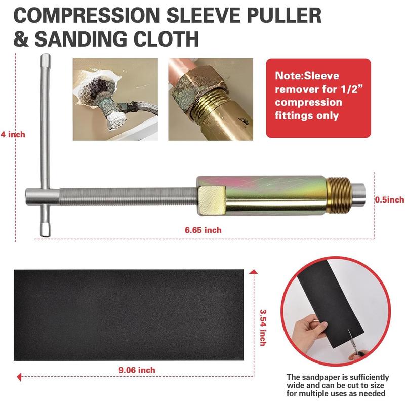 6 Pcs Plumbing Tools Kit with Angle Stop Wrench & 1/2-Inch Compression Sleeve Puller, Professional Plumbers Wrench, Sandpaper and Storage Bag for Frozen/Corroded Angle Stop