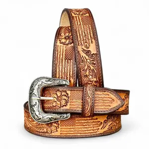 Y2K Western Vintage Style Men's Belt Western Belt Full Grain One Piece Leather Y2K Vintage Cowboy Rodeo Belt Handmade 1.5” Wide Belt with Buckle Engraved Tooled Western Boho Belt
