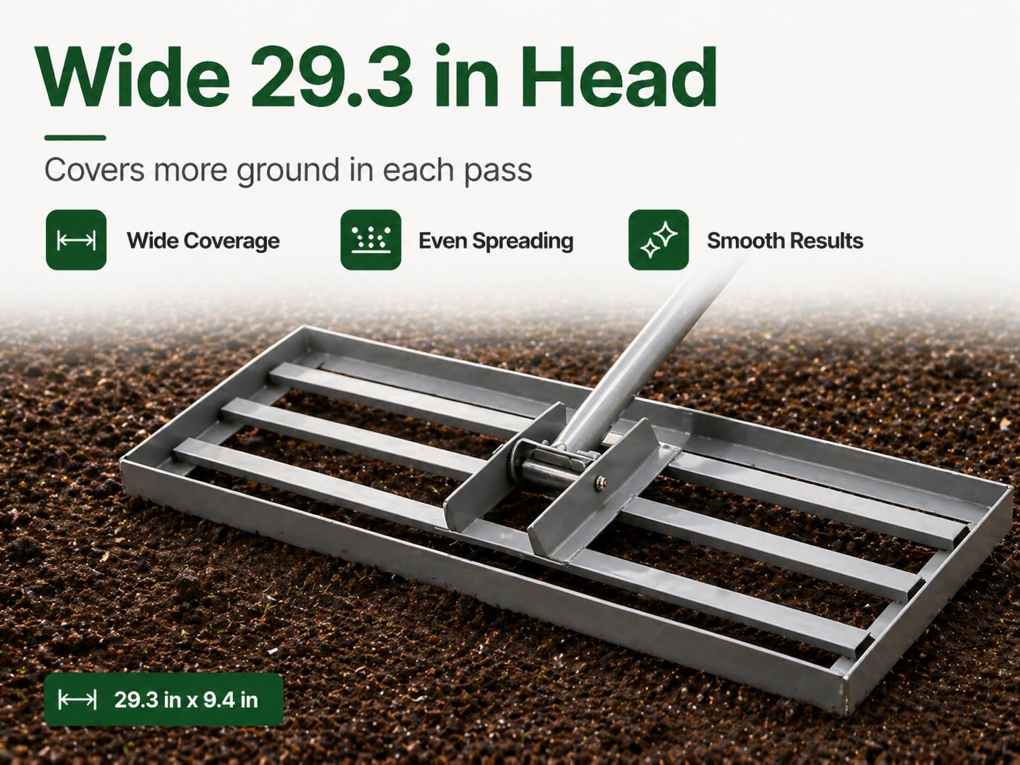Lawn Leveling Rake 29.3 x 9.4 Inch Soil Leveling Rake with 79.5 Inch Detachable Long Handle, Metal Lawn Leveling Tool for Yard, Garden, Farm, Sand, Dirt, Compost, Topdressing