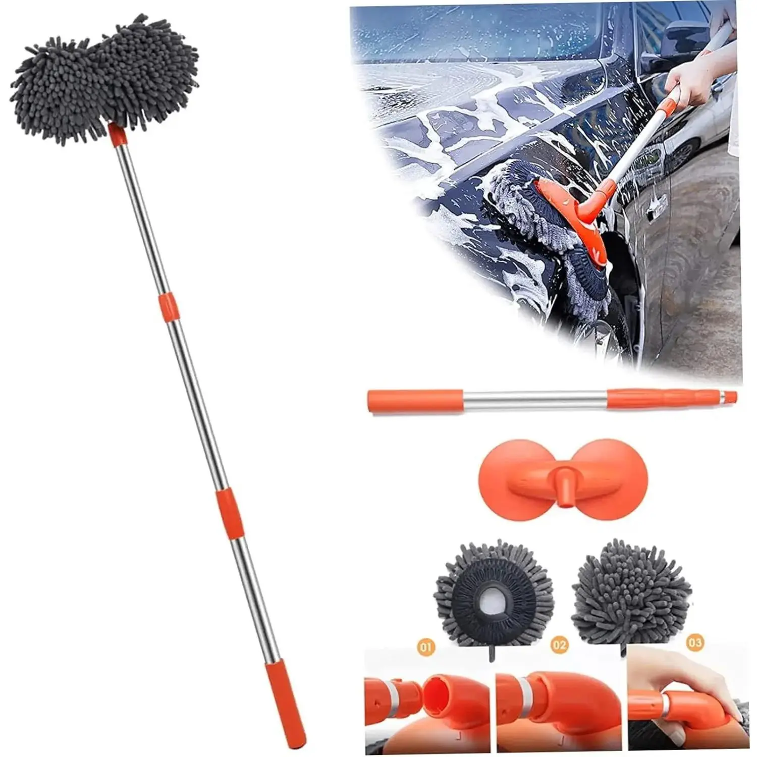 43'' Long handle car wash mop, Brush head 360° rotating, Durable retractable aluminum alloy rod,Microfiber brush head, Avoid scratching,Suitable for Car, RV, Truck, SUV and Home Cleaning - Car Wash Accessories!Car Wash Kits!