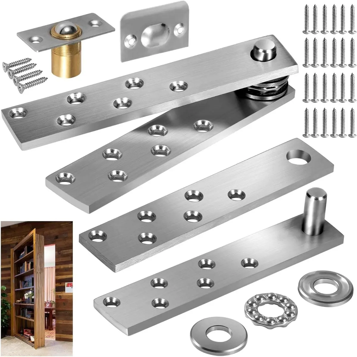 Heavy Duty Door Pivot Hinges for Wood Doors, Max 200 Lb. Hidden Hinge for Wood, Secret & Hidden Bookcase, Murphy Bookshelf (2 PCS)