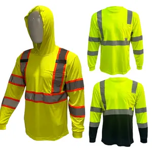 3 PACK SHIRTS - High Visibility Hoodie Long Sleeve Safety Shirt with hoodie Polyester Birdeye Mesh in Various Colors Menswear Clothing