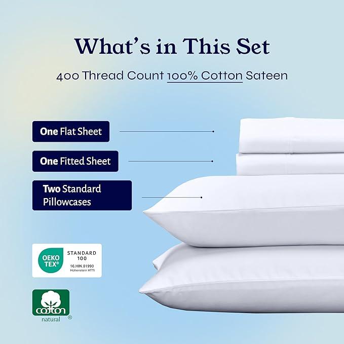 Soft 400 Thread Count Sateen Sheet Set, Natural 100% Cotton Sheets Full Size Bed Set, Deep Pockets for a Snug Fit, Durable Bedding - White Soft 400 Thread Count Sateen Sheet Set, Natural 100% Cotton Sheets Full Size Bed Set, Deep Pockets for a Snug Fit, Durable Bedding - White