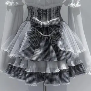 2026 Japanese New Subculture Long Sleeve T-Shirts Spring Fashion Designer Grey Plaid Patchwork A-line Skirt 2-piece Set Women's