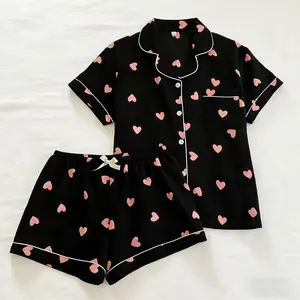 Women's Heart Print Short Sleeve Shirt & Elastic Waist Shorts Pyjama Two-piece Set, Casual Comfy Top & Shorts PJ Set, Ladies Sleepwear for Spring Summer, Pajama Set Matching Pyjamas Cozy Loungewear