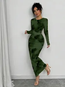 Elegant Gradient Ombre Long Sleeve Slim Fit Women's Dress, Womenswear, Spring & Fall Fashion, Stylish Long Dress, Perfect for Casual Wear