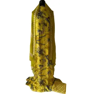 Elegant Chiffon Floral Embroidered 3pcs Unstitched Driya Dirac in Rich colors with Gold Accents Perfect for Eid Celebration