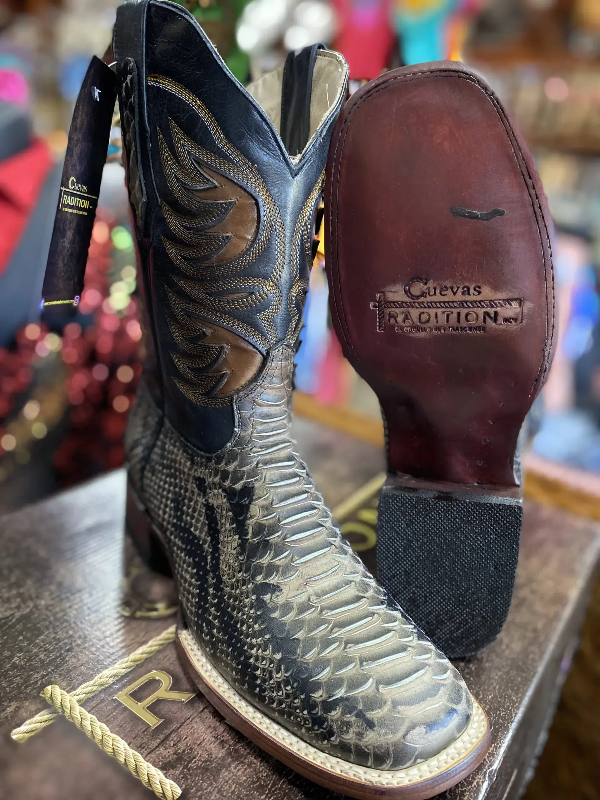 Men's CUEVAS TRADITION Western Boots - Square Toe, Python Skin Print, Hueso, 959 - Handmade Country Wear Footwear