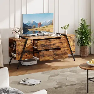 YJ-Garvee Modern Wood Entertainment Center with 2 Drawers, Side Open Shelves, and U-Shaped Metal Base. Available in 47" and 55" sizes, Fits up to 65" Screens. Perfect for Living Room, Bedroom, Apartment in Oak and Orange Oak Finishes