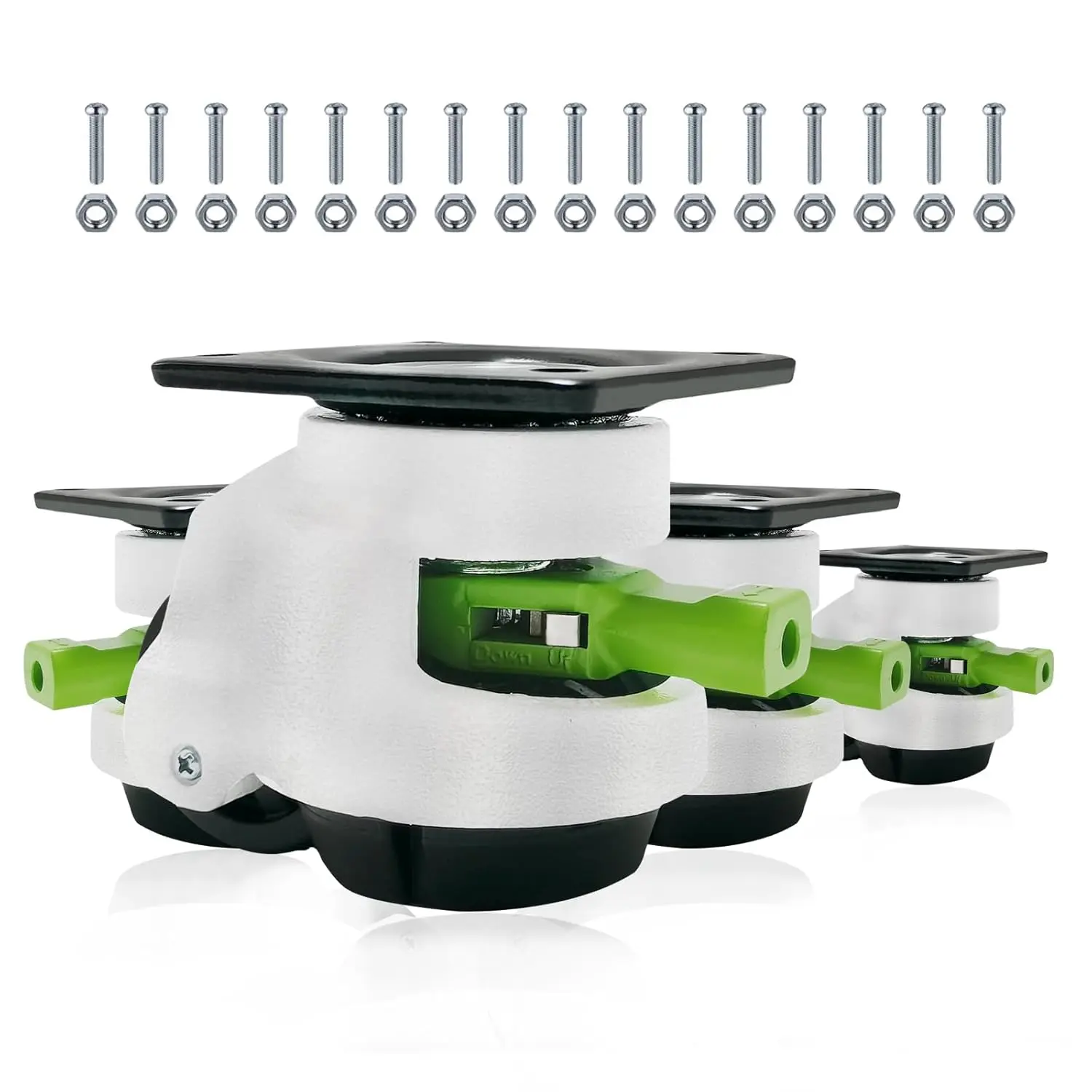 LSWHEE 4-Pack Heavy Duty Ratchet Handle Leveling Casters, 6600 lbs Capacity Adjustable Retractable Swivel Plate-Mount Locking Wheels for Workbench, Machinery, Furniture (White)
