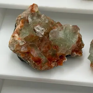 Green Apophyllite Side Cube Cluster on Peach Stilbite