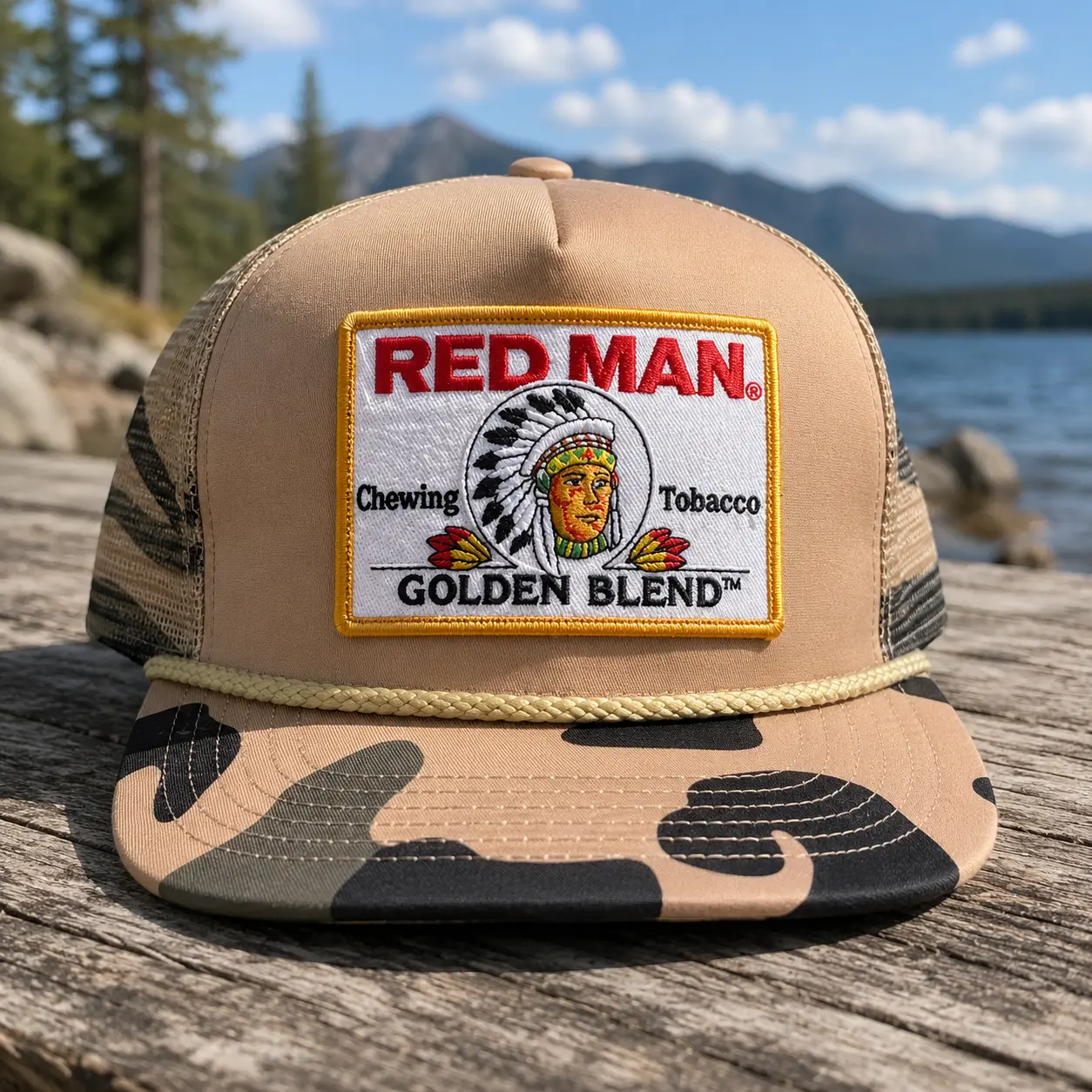RM Chewing Toobacco Embroidered Patch Trucker Hat - Summer Drinking Cap Tan Camo Snapback Hat for Hunting and Partying Vintage Golden Blend
