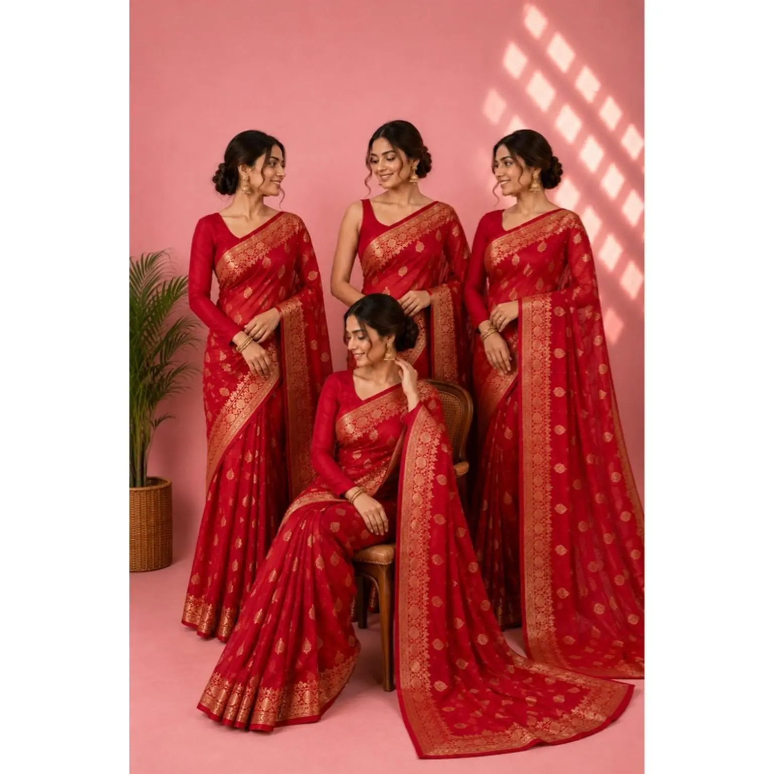 Festival Saree Grate for Group Wearing Red Lightweight Foil Printed Saree with Fall and Picko Completed