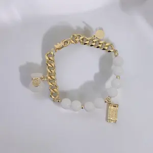 White Money Charm Bracelet with Gold plated Chain and Beads for Women's Fashion Jewelry