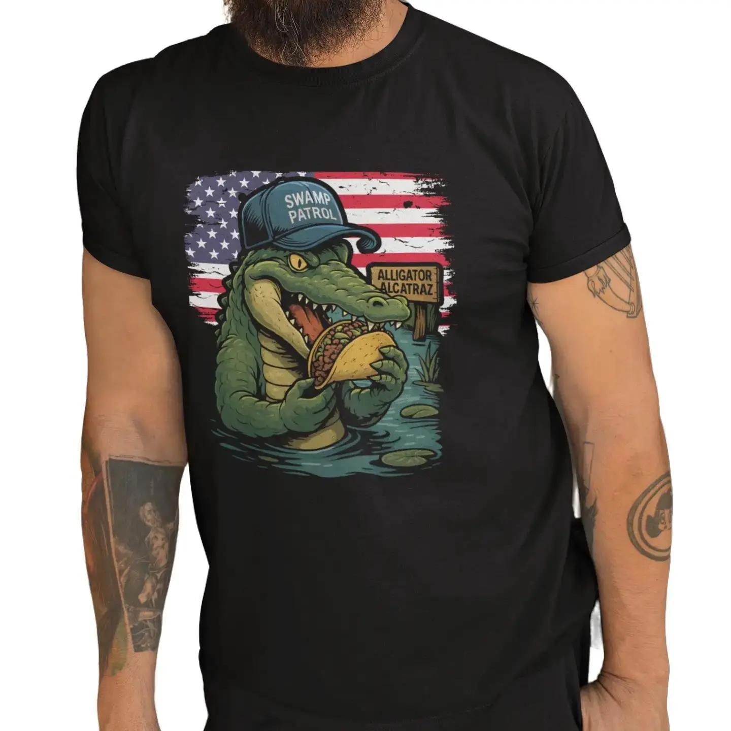 Alligator Alcatraz Shirt - T-Shirt with Swamp Patrol Design Featuring American Flag Background